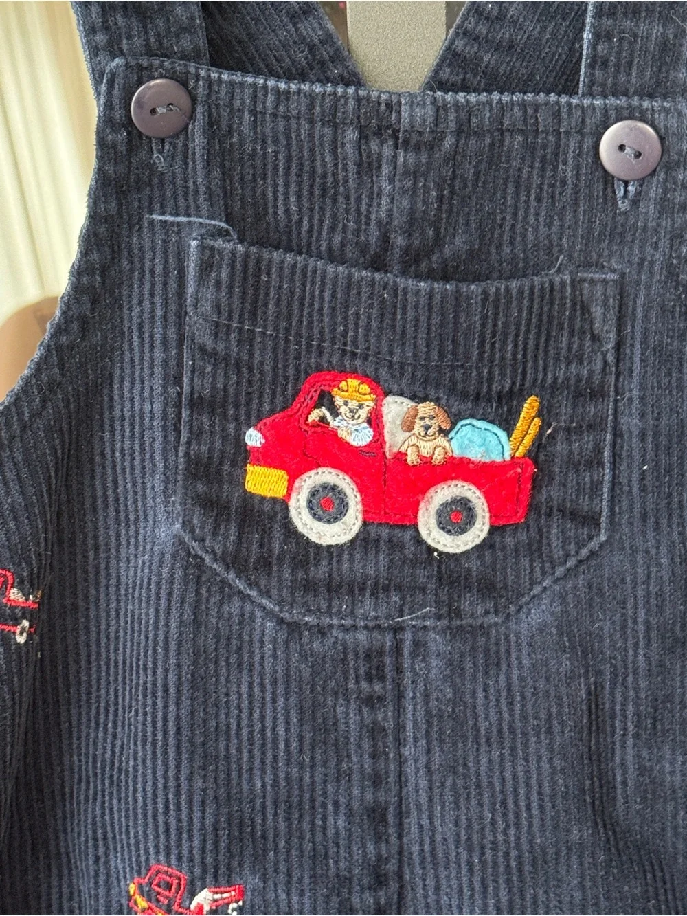 Vintage embroidered baby overalls corduroy navy fire trucks puppy dogs boy